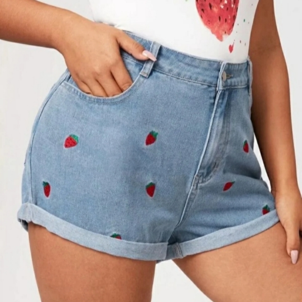 Strawberry pattern jean shorts